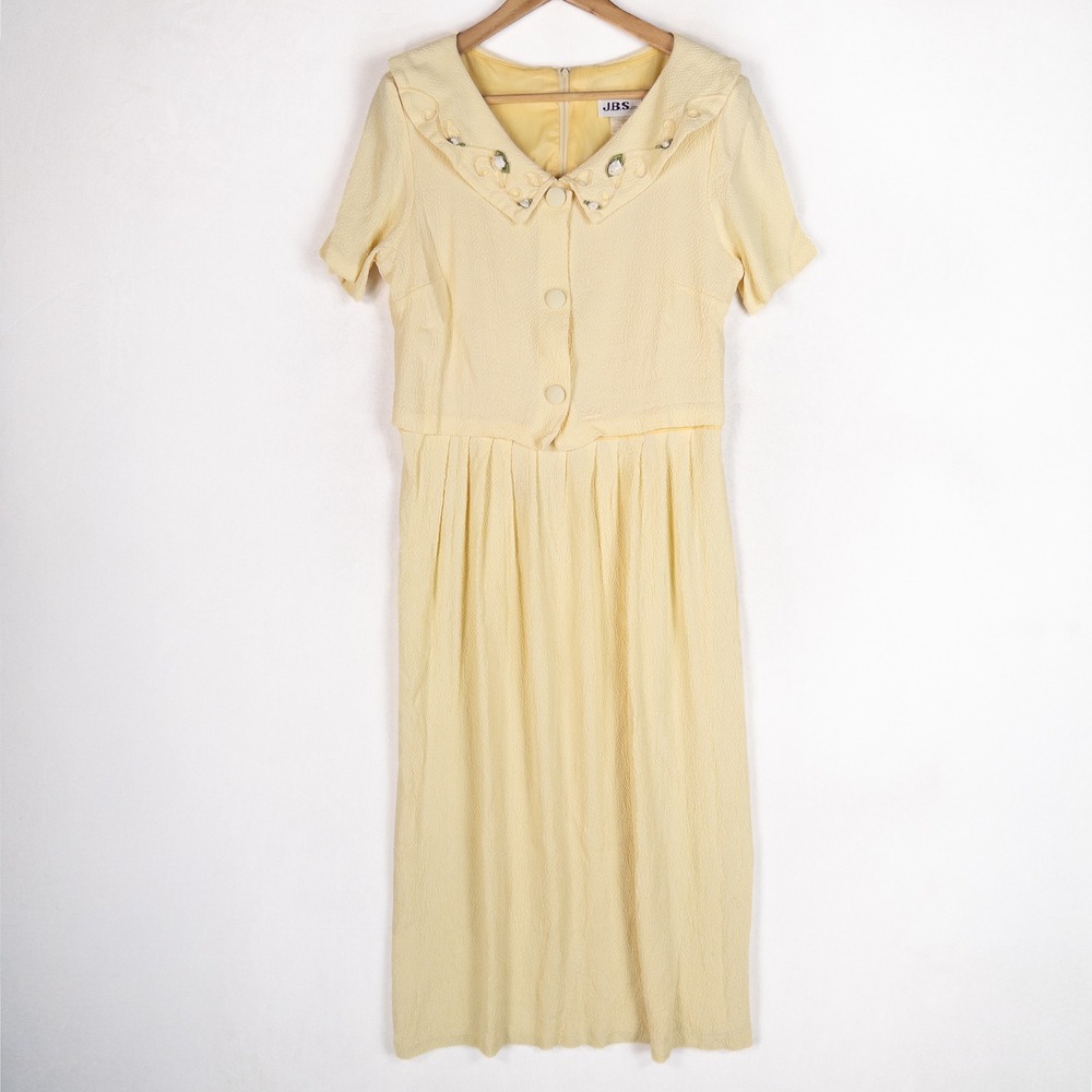 Vtg J.B.S. Ltd Dress 14 Butter Yellow Floral Embroidered Midi USA Modest Church